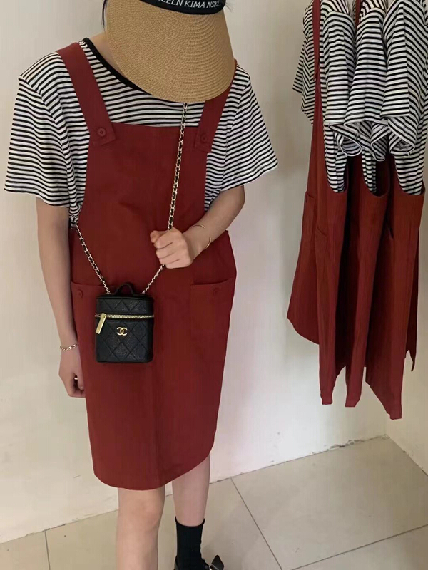 [xiaokoujia] stripe simple T-shirt + solid color Korean suspender suit 80655\wtt