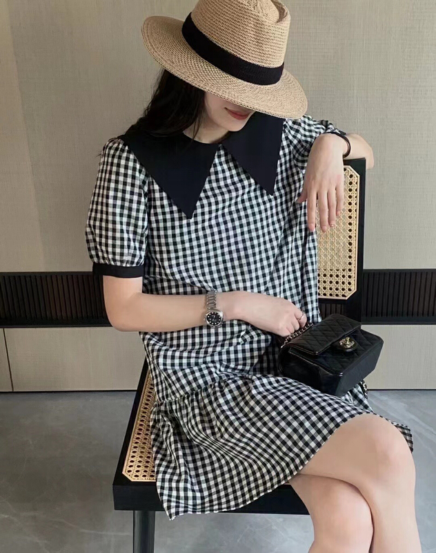 [Xiaolu family] sweet bubble sleeve contrast color baby collar Plaid Dress 80626\wtt