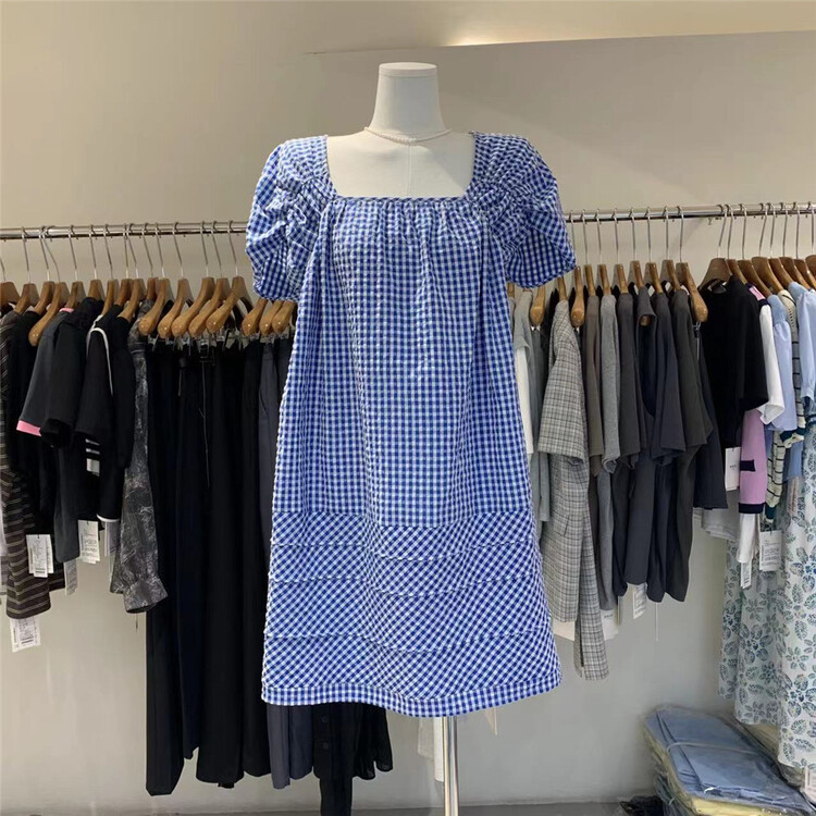 [Boran · Boran] Korean checkered loose bubble sleeve dress 22b7696\lsw
