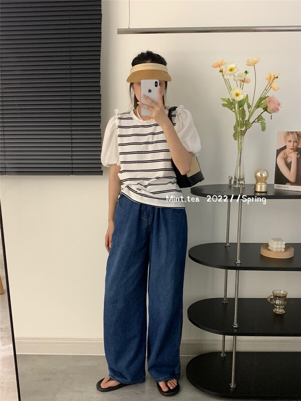 [mint tea] round neck stripe Korean bubble sleeve short sleeve T-shirt 22130\zjy