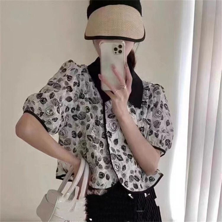 [Martina] three dimensional Rose Embroidery double breasted shirt 88029\xyy