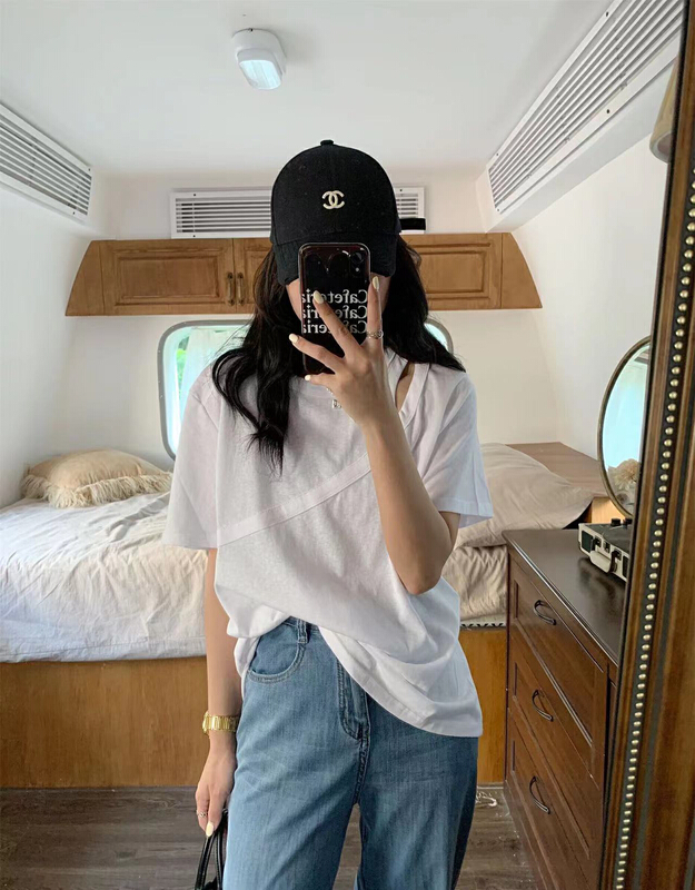 【8】 Round neck irregular hollow out solid short sleeve T-shirt 9930\xyy