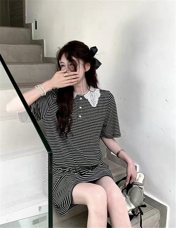 Original price: 62.04! [purple potato family] casual stripe embroidery collar dress ys1-7712\hbx