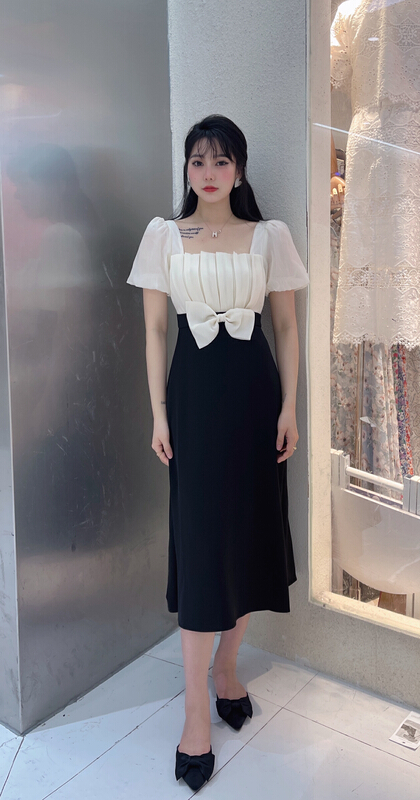 [mi2 (n:aa)] bowknot waist closing color contrast dress b6319\jj