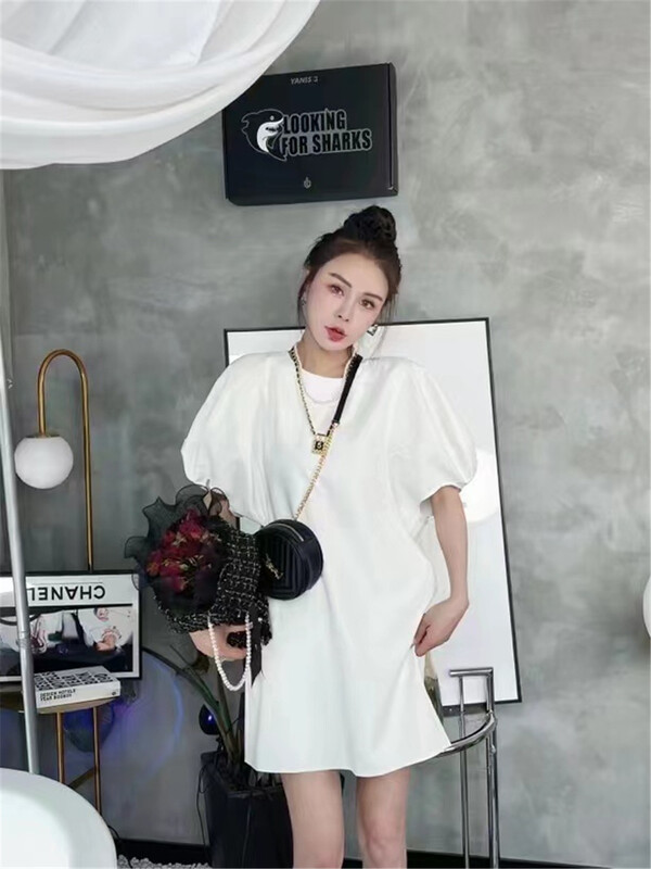 [Qian Jiao QIANJIAO] temperament Solid Color Bubble Sleeve loose dress 6971\pcz