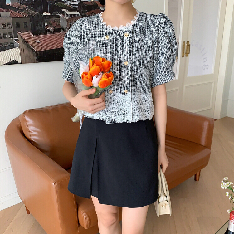 [Sumi] Korean style bubble sleeve lace short shirt 22673\zjy