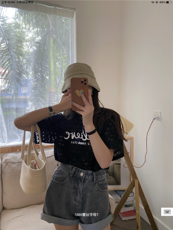 [fifteen] lace letter comfortable short sleeve T-shirt 1369\lsw