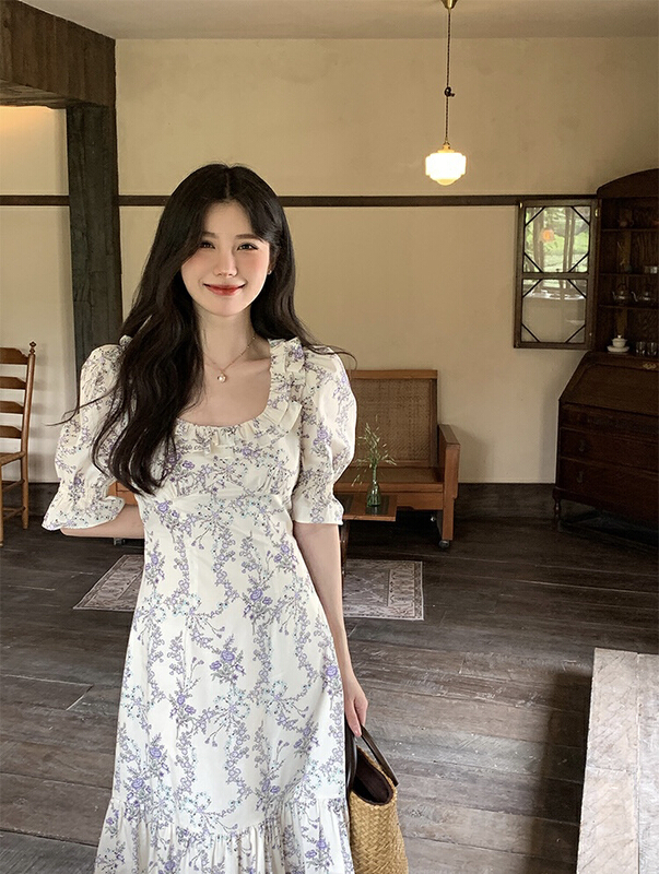 [savage] French retro square neck floral waist closing slim dress e8612\wpl