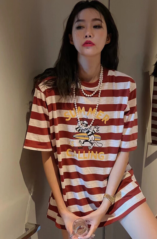 [wgwe] stripe round neck loose retro American cartoon short sleeve T-shirt 1984\pcz