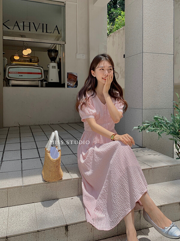 [miss miss home] Korean V-neck Plaid Dress f2243