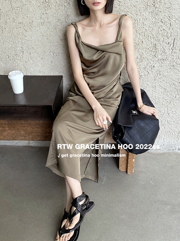 [gracetina Hoo] pleated slit high waist satin skirt bq2156