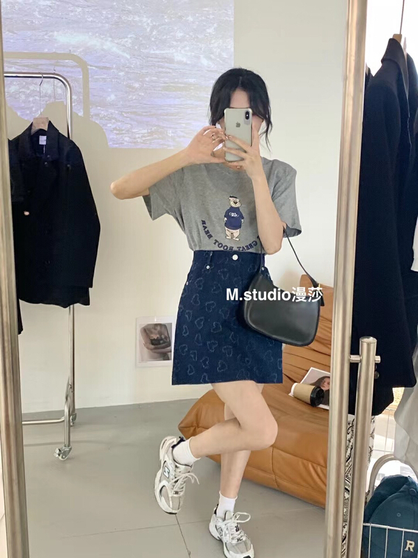 [MSTUDIO MANSA] Korean bear print short sleeve T-shirt + high waist love skirt set 6693\ll