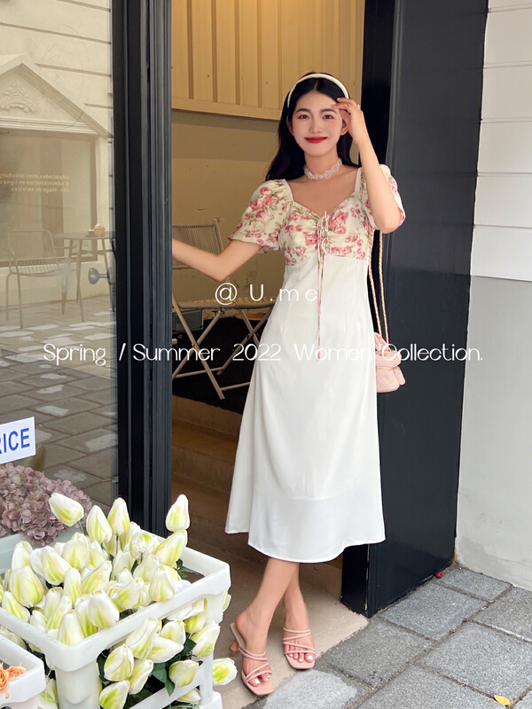 [u.me] elegant retro stitched V-neck high waist dress ys1-39007\hjy