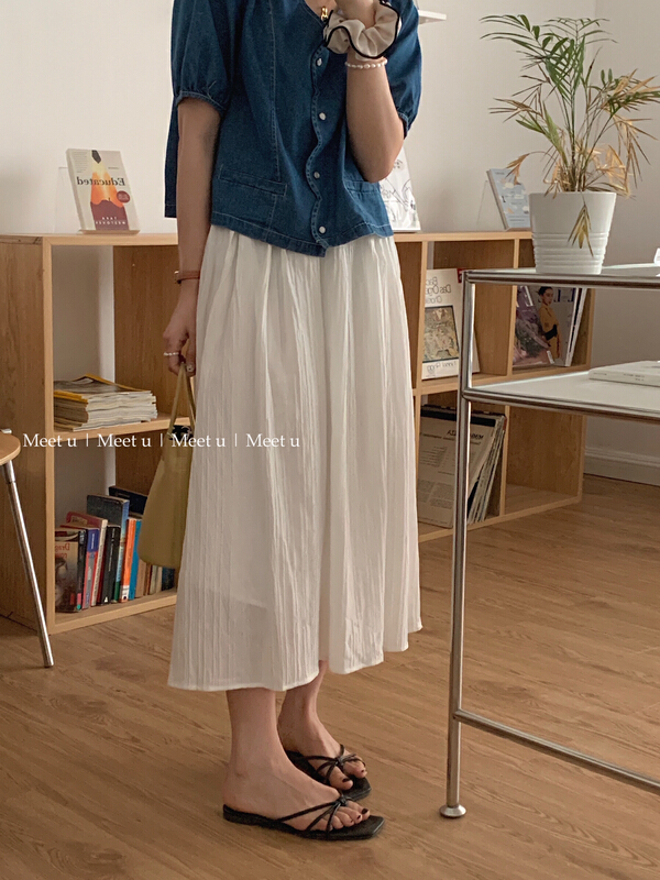 [meetu] Korean version texture pure color elastic waist skirt 22313\hbx