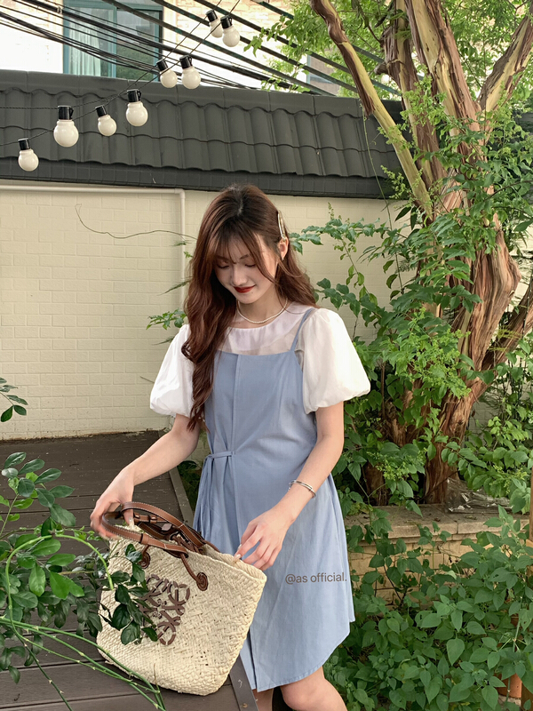 [as] Korean simple blouse + waist side strap dress set s6583\hjy