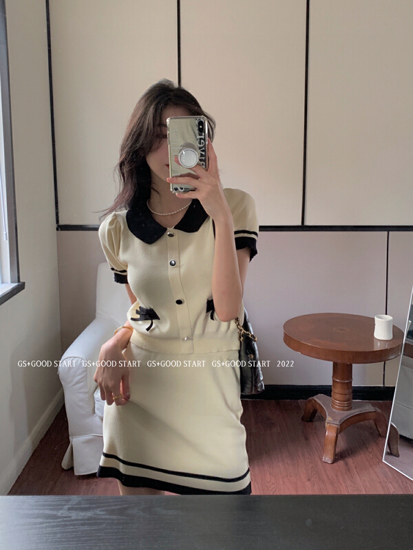 [gs.good star] temperament small fragrance knitted color contrast short sleeve shirt + simple short half suit 22668\hjy