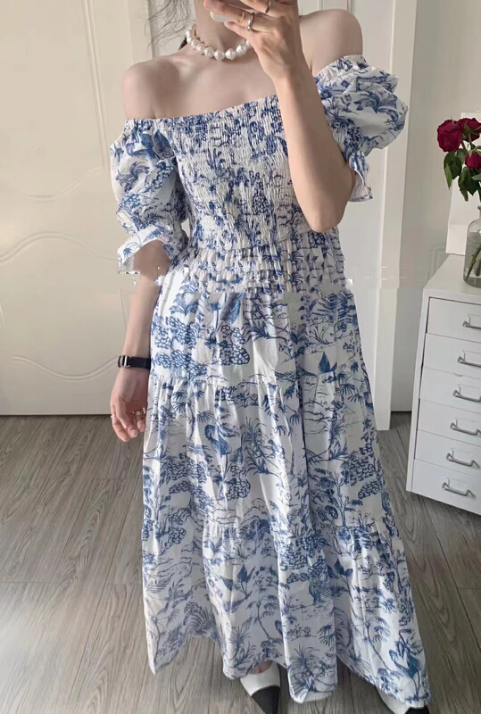 [mi ni] retro elegant off shoulder Long Floral Dress 1141\pcz