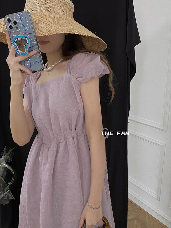 [the fan] elegant square neck waist dress 5060161\pcz