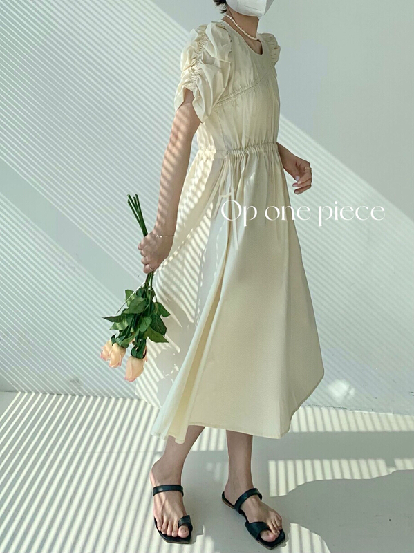 [OP one piece] Korean solid color drawstring dress op60093\hjy