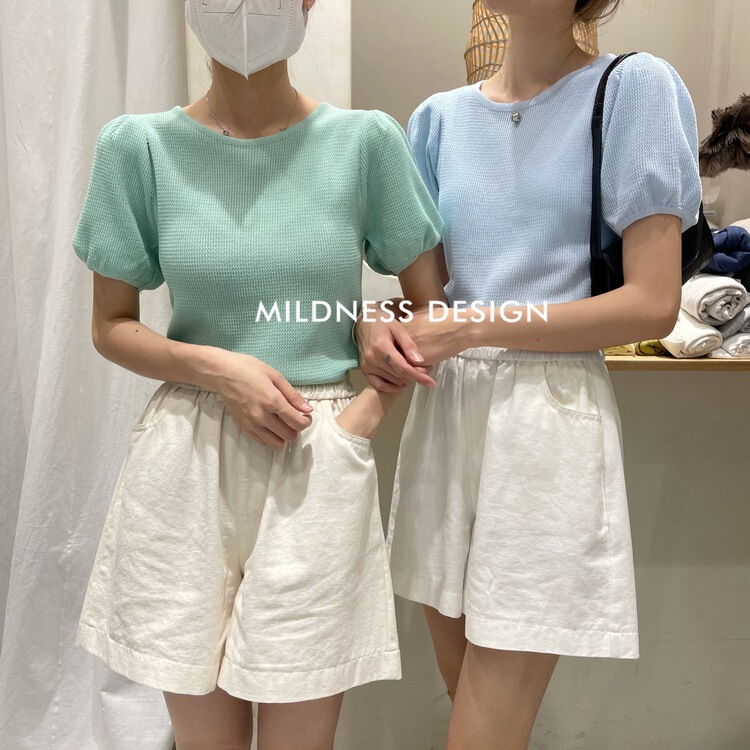 [mildness] pure color temperament bubble sleeve T-shirt 22583\zjy