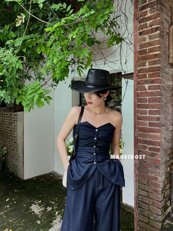 [OSHA madeinost] metal button denim Strapless blouse (elastic back) 86339\ll
