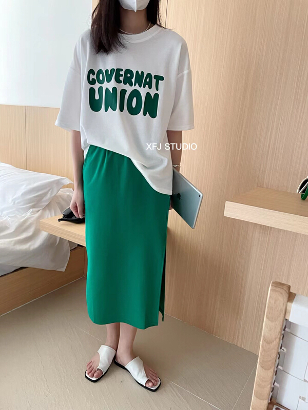 [Xiaofan family] Korean round neck Pullover short sleeve T-shirt + versatile skirt set 6190\lsw