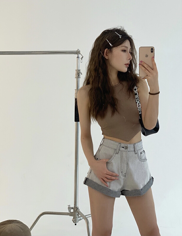 [savage] high waist contrast color curled Korean spicy girl denim shorts e8623\wpl