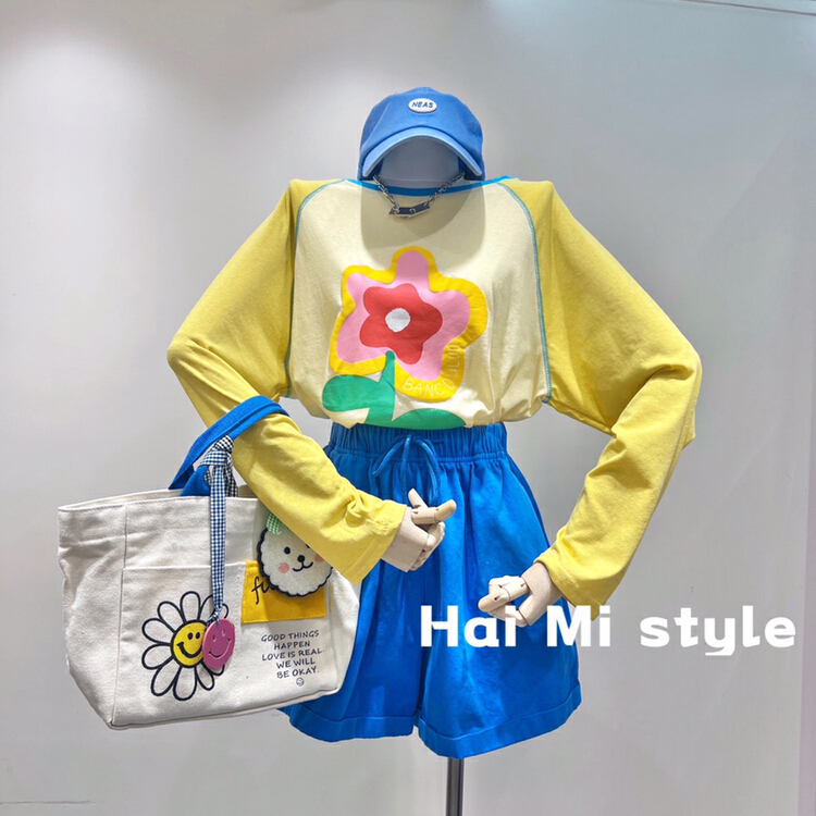 [Haimi] Korean version mosaic color contrast floret long sleeve sunscreen shirt 1910\wtt