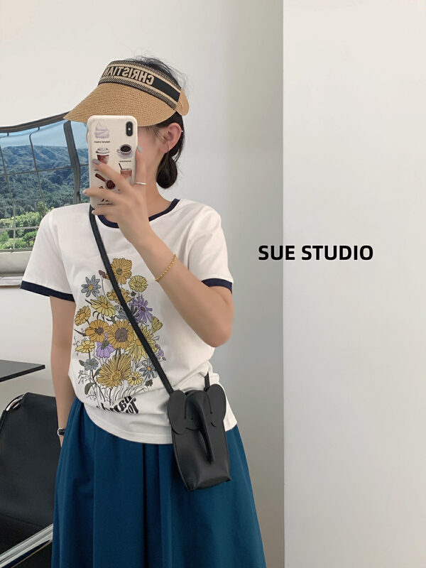 [Sue studio] round neck contrast printed short sleeve T-shirt 22218\zjy