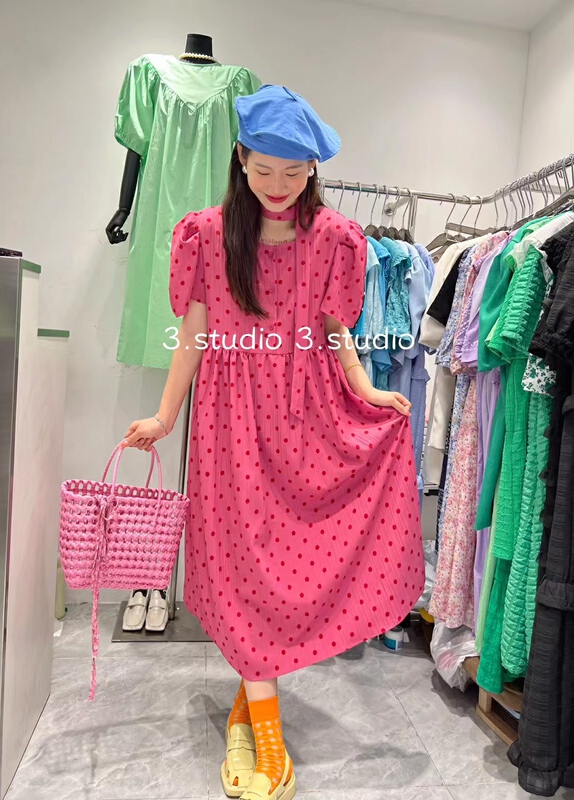 [3.studio] leisure simple bubble sleeve color contrast shoulder pad dress 22361\xyy