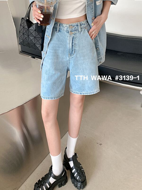 Original price 84.60! [Wawa] Korean version simple high waist five point denim shorts 3139-1\ozq