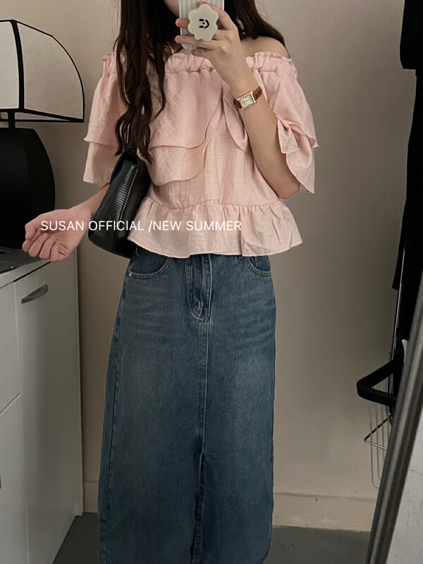 [Susan] Korean solid color Ruffle one line collar short shirt 18773\lsw