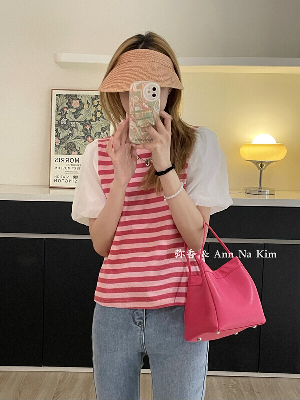 [Mi Xiang] bubble sleeve stripe stitching shirt mx5505\hjy