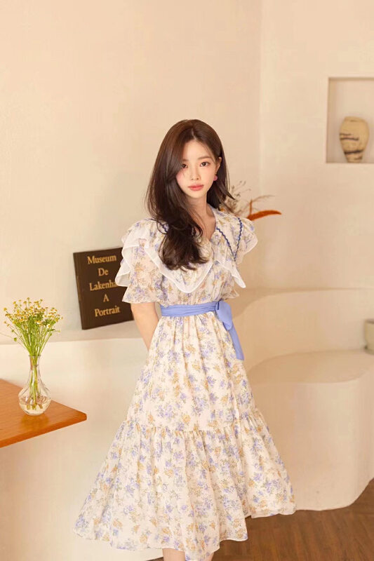 [31 fashion] idyllic romantic floral large lapel long dress (with detachable belt) 0501\hjy