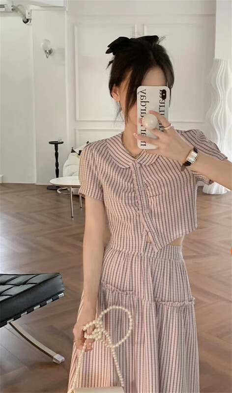 [clothing] Korean checked bubble sleeve shirt + slim skirt two piece suit 1040\pcz