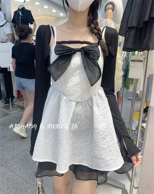 [AI Shang] temperament little woman net color sunscreen shirt + bow strap dress set 98208\hjy