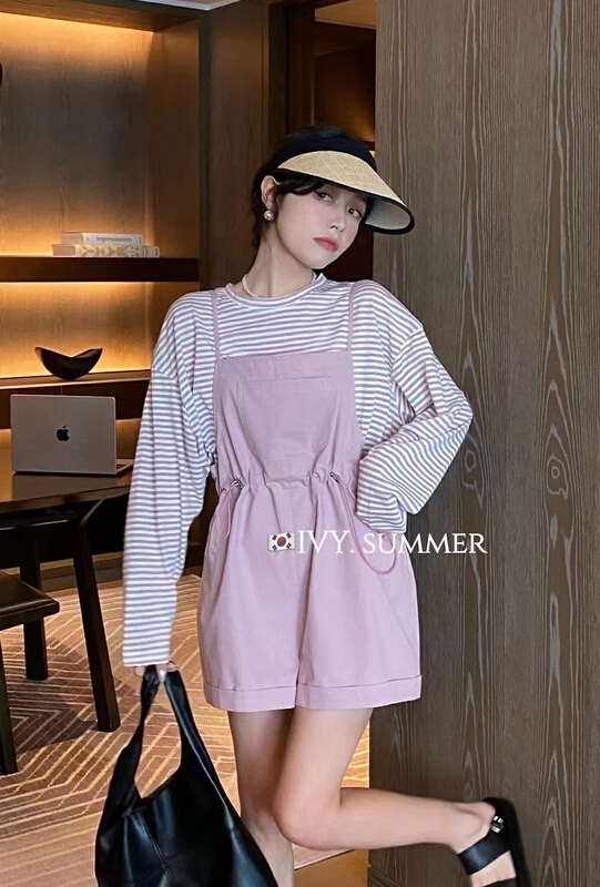 [Anan] Long Sleeve Striped T-shirt + sleeveless strap Shorts Set 2150\wtt