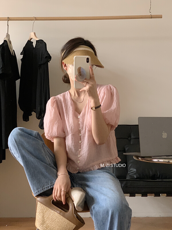 In early summer! [m.zi studio] gentle wind V-neck short shirt 5576\hbx