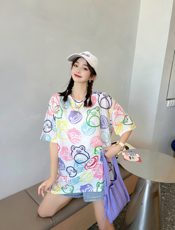 [Yilin] simple and versatile loose cartoon short sleeve T-shirt 2369\wtt