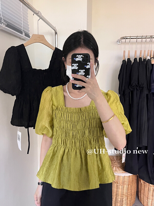 [uh] French style square collar waist closing heavy work band showing thin and versatile baby shirt 7835\hjy