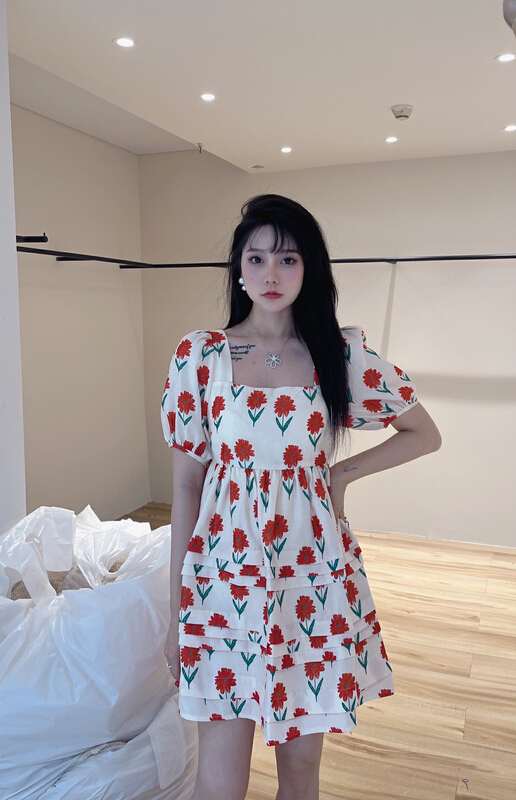 [mi2 (n:aa)] bubble sleeve printed lady dress e9237\jj