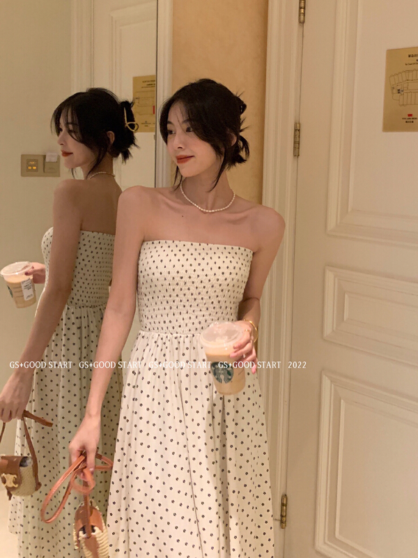 [gs.good star] Han Shu printed high waist strapless dress 22359\hjy