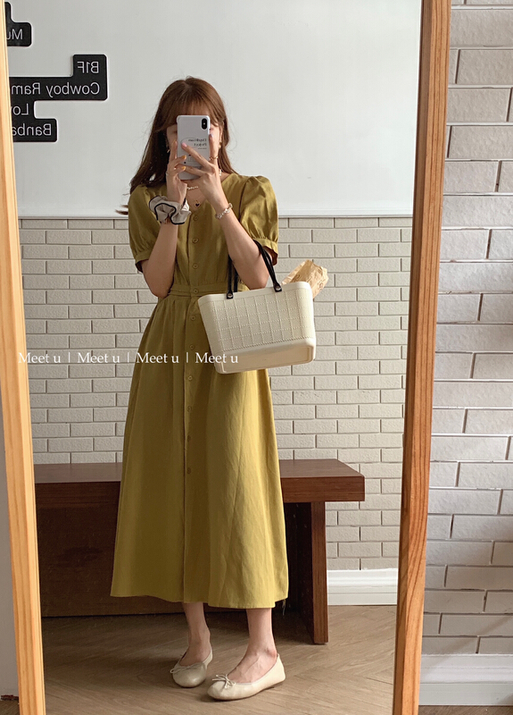 [meetu] V-neck single breasted dress 22215\hbx