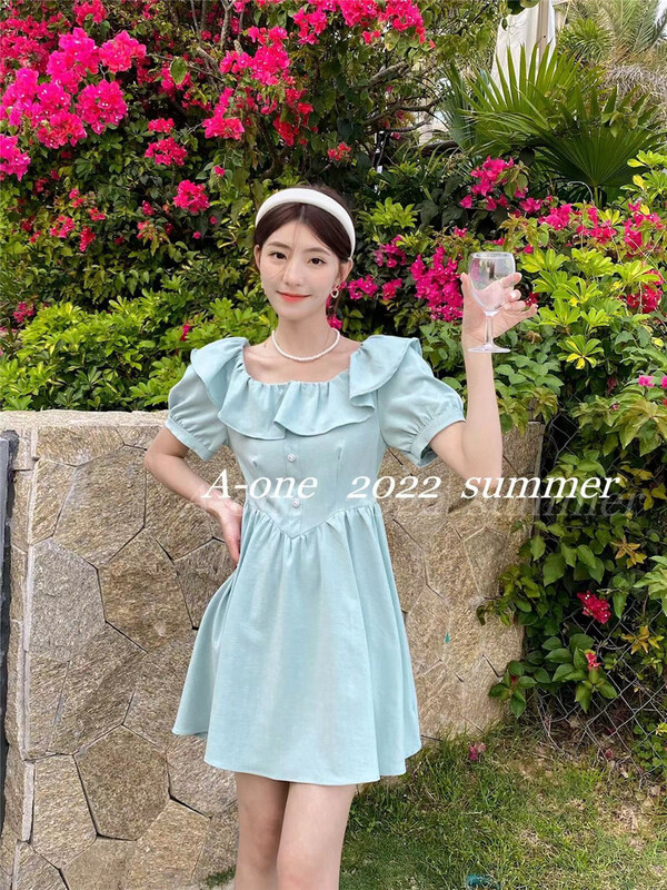 [A-One] Korean version lady Ruffle high waist dress 22122\hjy