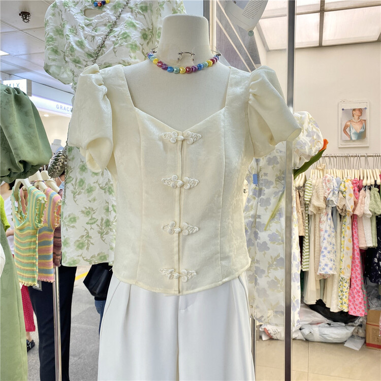 [y.x] temperament national style dish button bubble sleeve shirt 5370\hjy