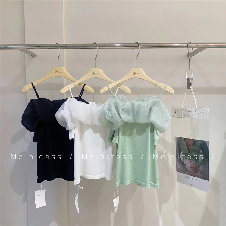 [mainecess] French off shoulder one line collar mesh stitched temperament shirt 8841\cls