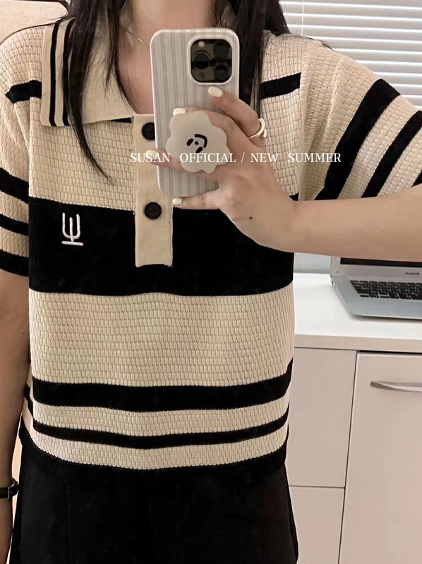 [Susan] loose and versatile striped polo shirt 18823\lsw