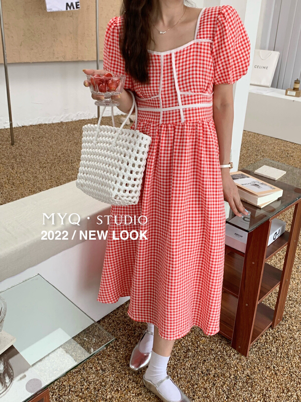 [m.yqueen] checkered Korean waist dress ys1-6830\cl