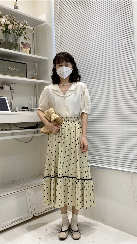 In early summer! [c.hfeiyang] Korean high waist wave dot color blocking skirt 6725\hbx