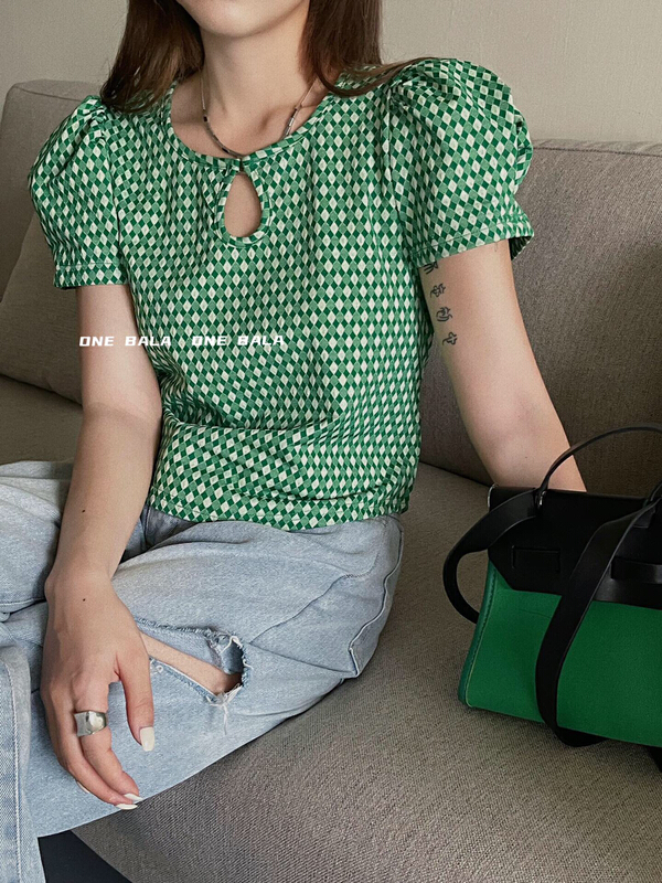 [one Bala] sweet aging Bubble Sleeve Plaid Shirt 1321\hjy